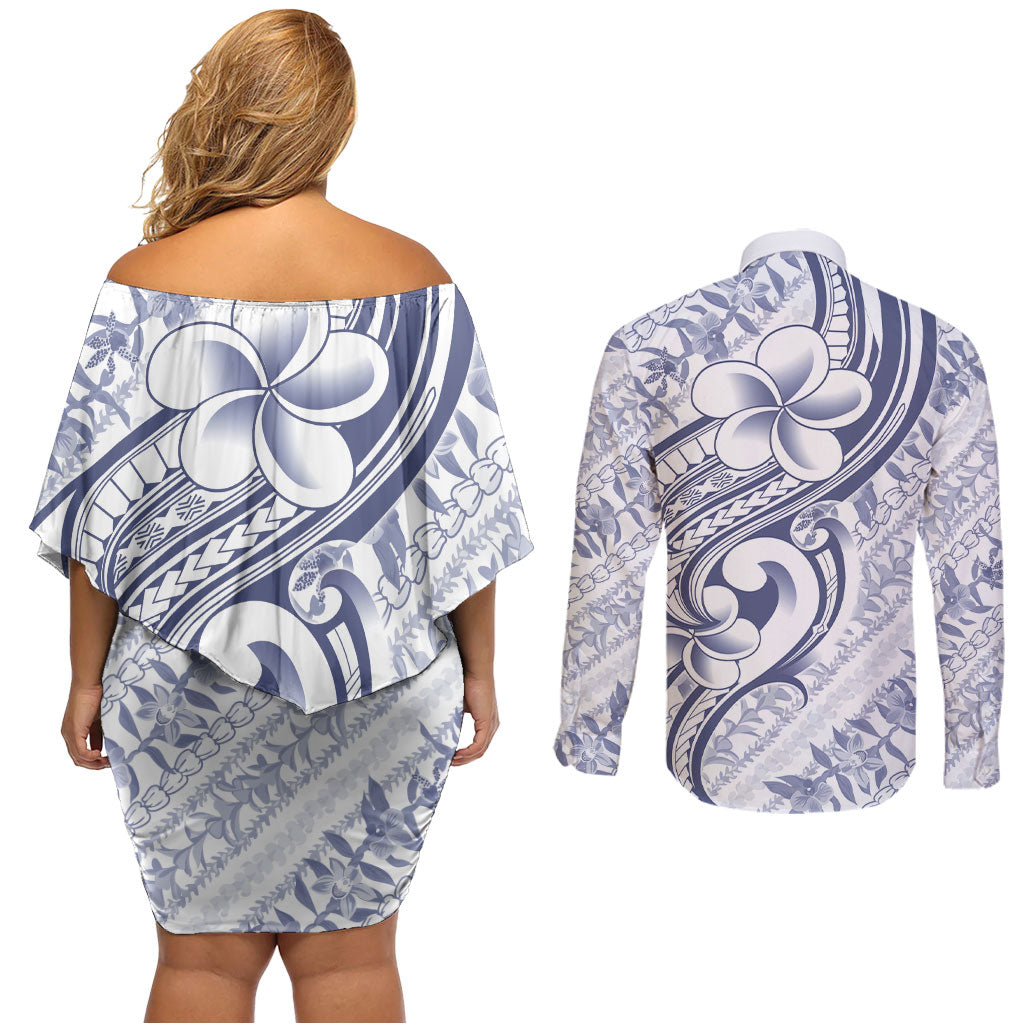 Hawaii Plumeria Lokelani Pikake Lei Couples Matching Off Shoulder Short Dress and Long Sleeve Button Shirt Navy Blue Polynesian Tattoo