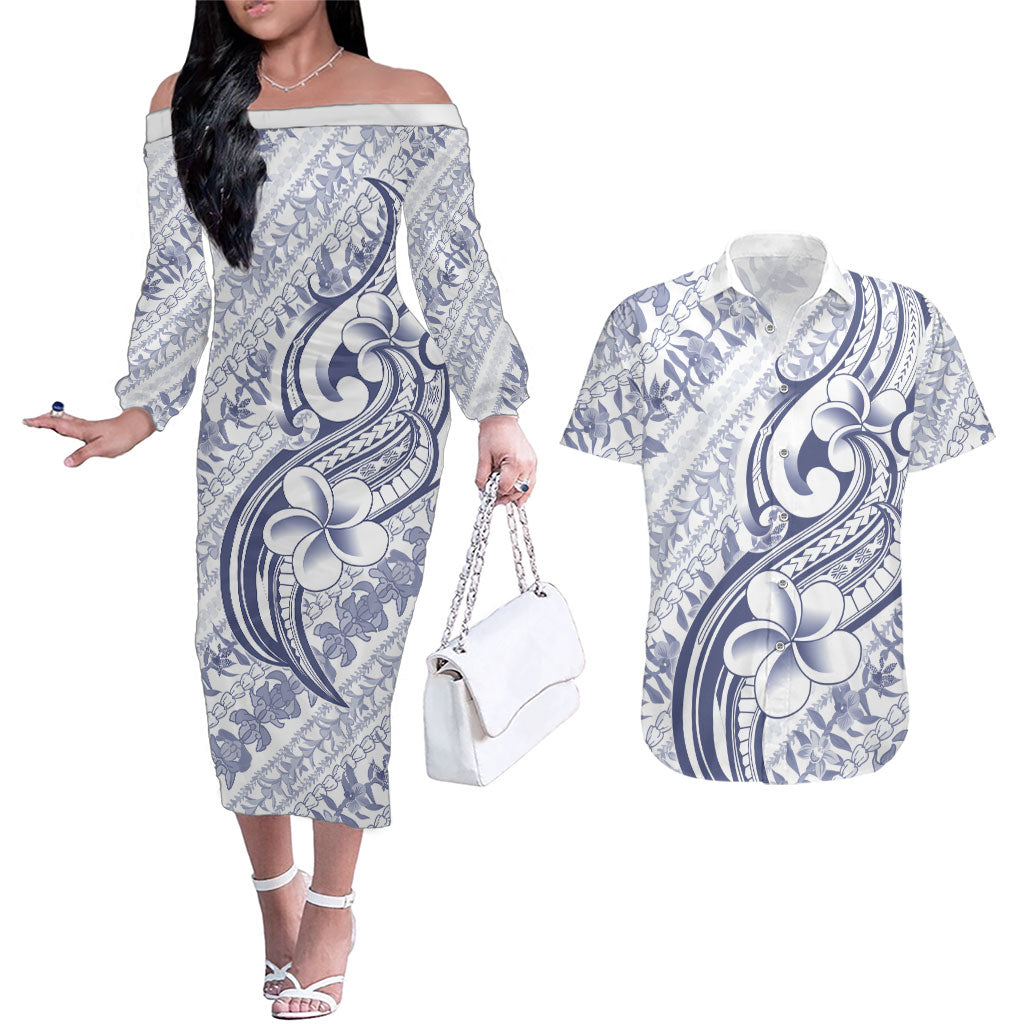 Hawaii Plumeria Lokelani Pikake Lei Couples Matching Off The Shoulder Long Sleeve Dress and Hawaiian Shirt Navy Blue Polynesian Tattoo