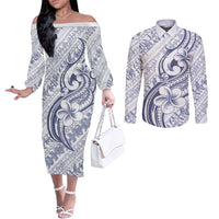 Hawaii Plumeria Lokelani Pikake Lei Couples Matching Off The Shoulder Long Sleeve Dress and Long Sleeve Button Shirt Navy Blue Polynesian Tattoo