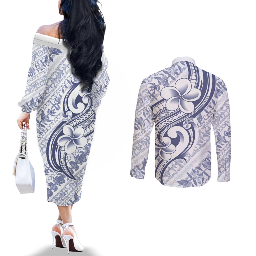 Hawaii Plumeria Lokelani Pikake Lei Couples Matching Off The Shoulder Long Sleeve Dress and Long Sleeve Button Shirt Navy Blue Polynesian Tattoo