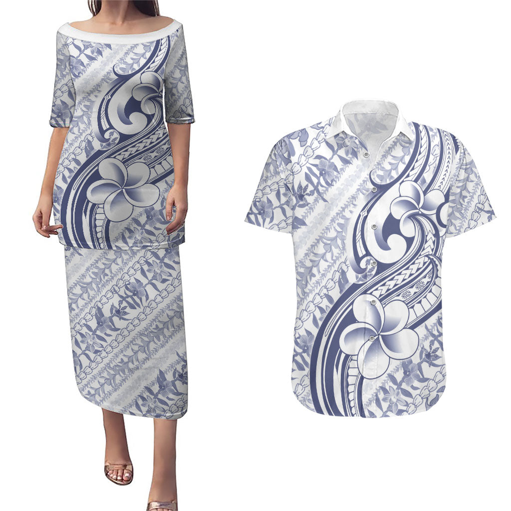 Hawaii Plumeria Lokelani Pikake Lei Couples Matching Puletasi and Hawaiian Shirt Navy Blue Polynesian Tattoo