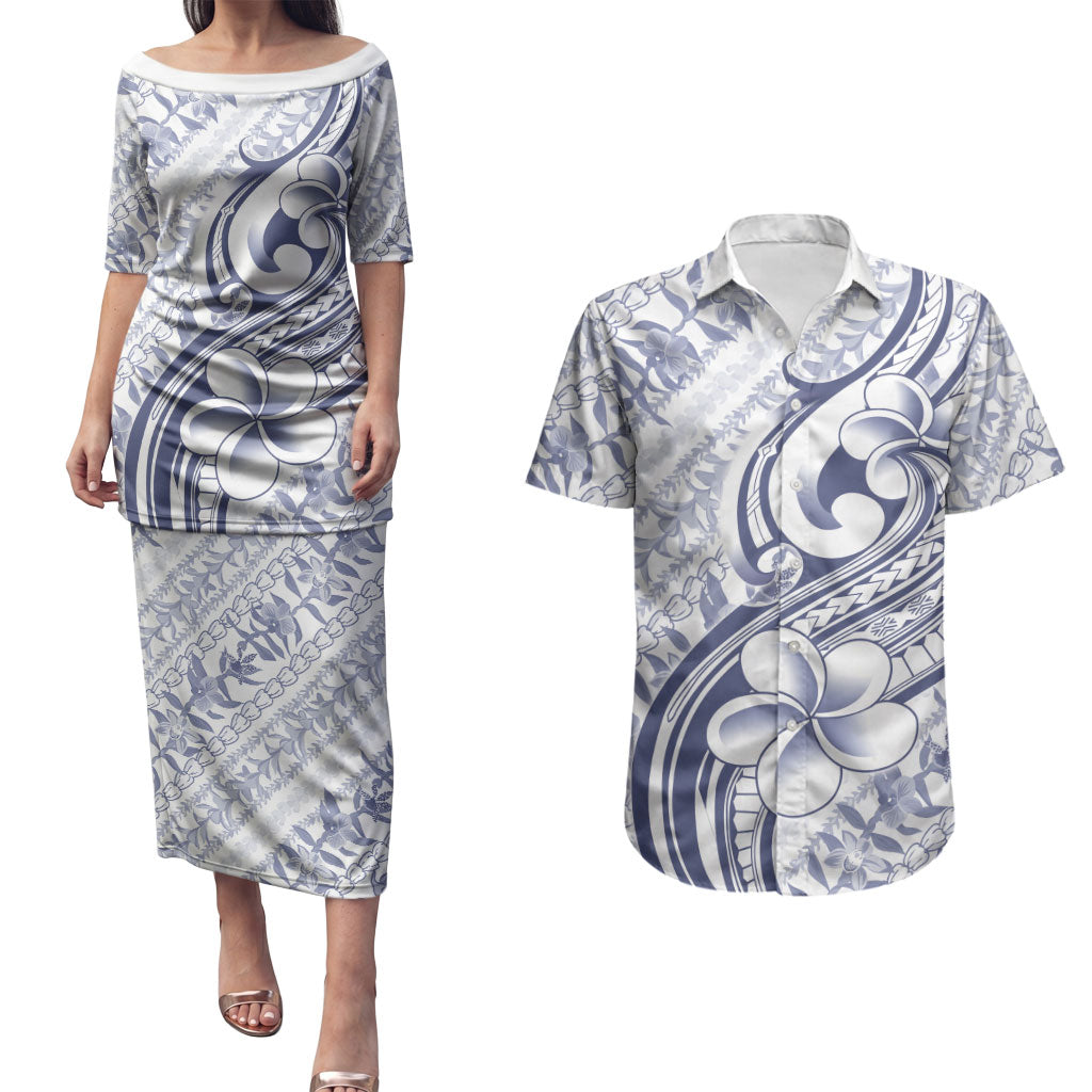 Hawaii Plumeria Lokelani Pikake Lei Couples Matching Puletasi and Hawaiian Shirt Navy Blue Polynesian Tattoo LT9 Navy Blue - Polynesian Pride
