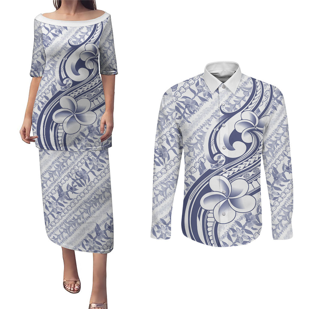 Hawaii Plumeria Lokelani Pikake Lei Couples Matching Puletasi and Long Sleeve Button Shirt Navy Blue Polynesian Tattoo LT9 Navy Blue - Polynesian Pride