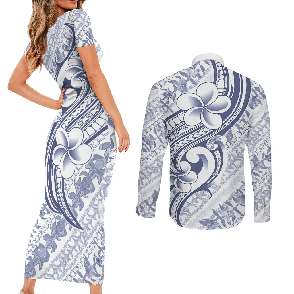 Hawaii Plumeria Lokelani Pikake Lei Couples Matching Short Sleeve Bodycon Dress and Long Sleeve Button Shirt Navy Blue Polynesian Tattoo