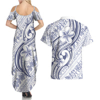 Hawaii Plumeria Lokelani Pikake Lei Couples Matching Summer Maxi Dress and Hawaiian Shirt Navy Blue Polynesian Tattoo