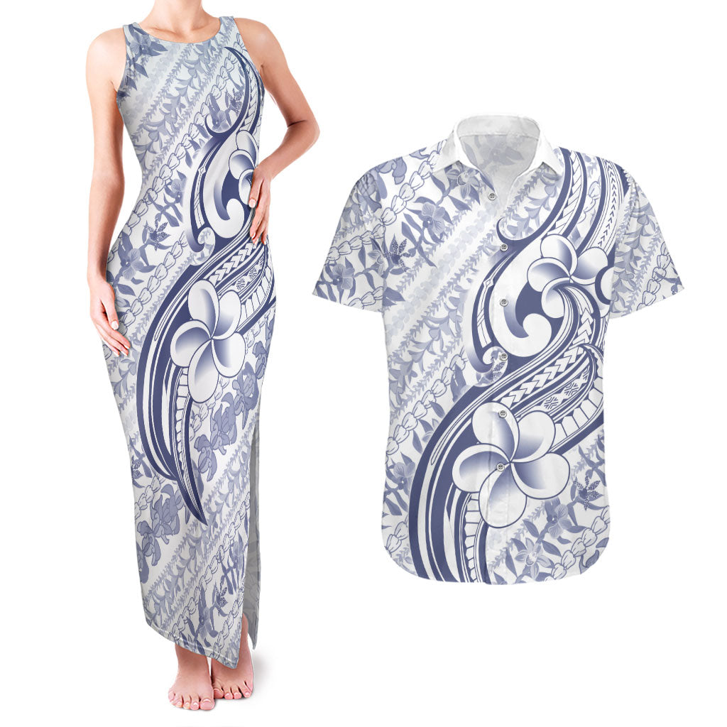 Hawaii Plumeria Lokelani Pikake Lei Couples Matching Tank Maxi Dress and Hawaiian Shirt Navy Blue Polynesian Tattoo LT9 Navy Blue - Polynesian Pride