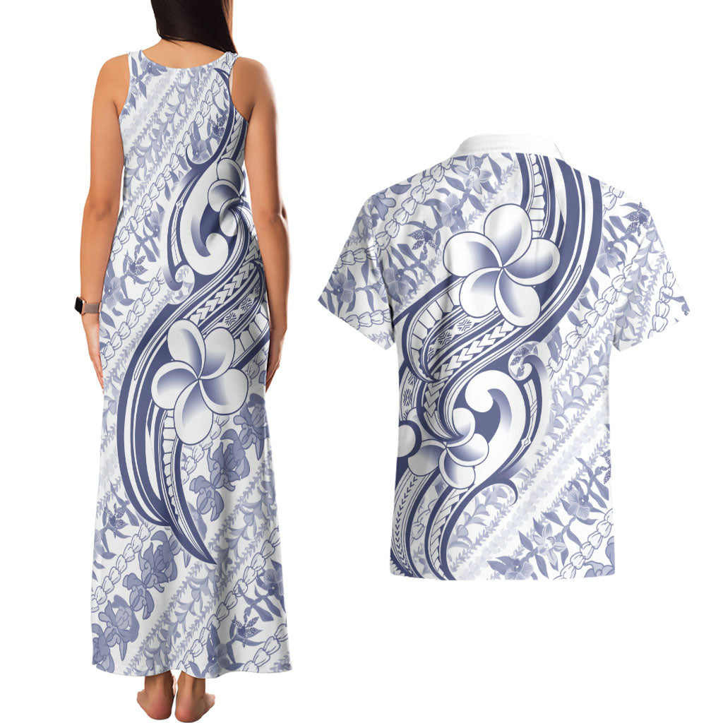 Hawaii Plumeria Lokelani Pikake Lei Couples Matching Tank Maxi Dress and Hawaiian Shirt Navy Blue Polynesian Tattoo