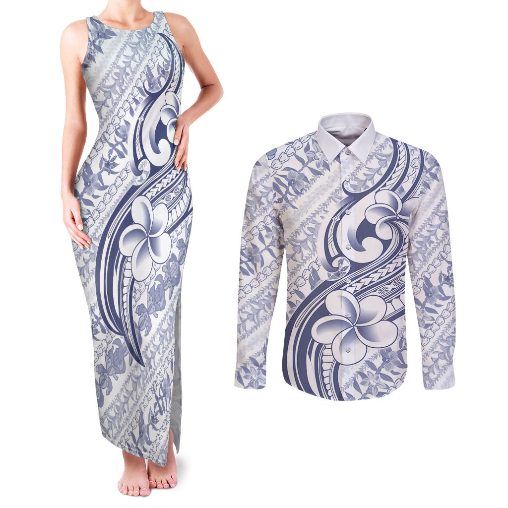 Hawaii Plumeria Lokelani Pikake Lei Couples Matching Tank Maxi Dress and Long Sleeve Button Shirt Navy Blue Polynesian Tattoo
