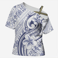 Hawaii Plumeria Lokelani Pikake Lei Cross Shoulder Shirt Navy Blue Polynesian Tattoo