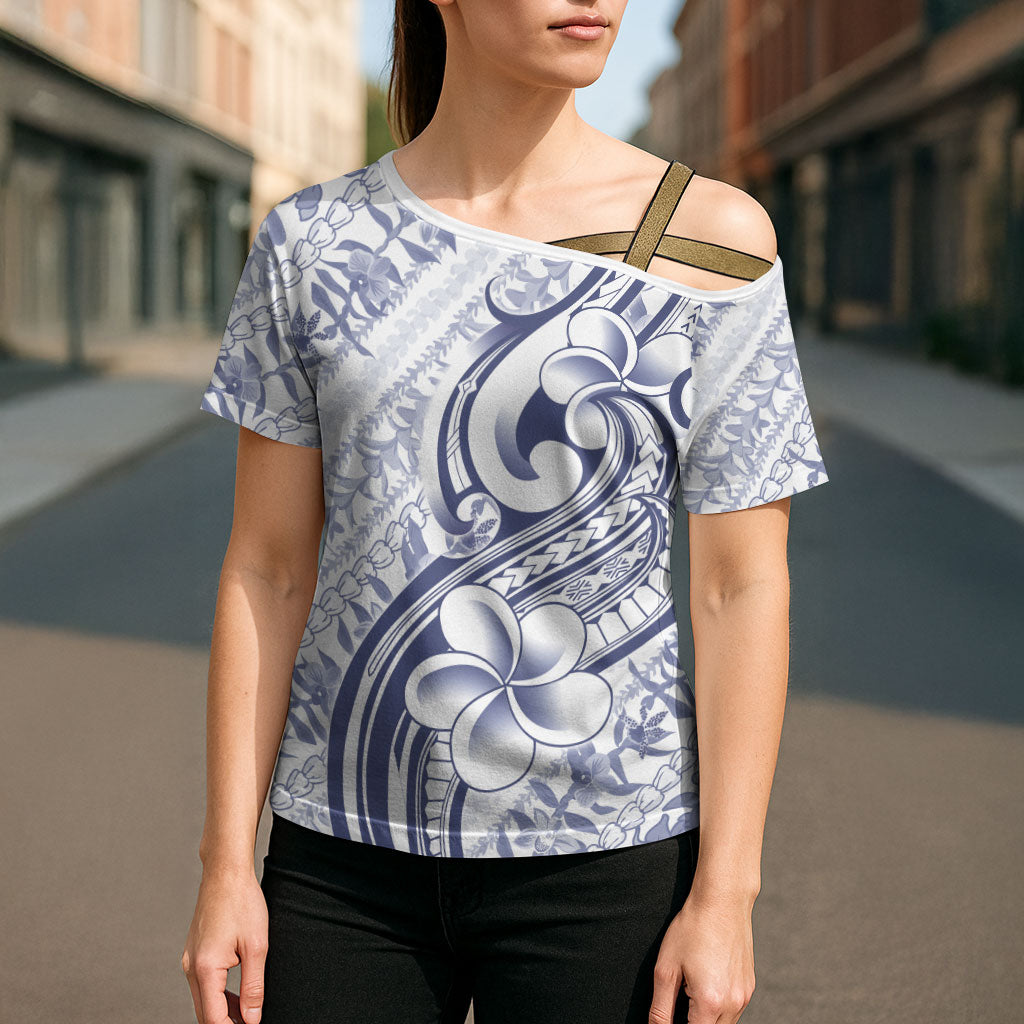 Hawaii Plumeria Lokelani Pikake Lei Cross Shoulder Shirt Navy Blue Polynesian Tattoo