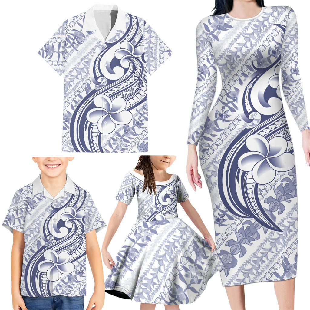 Hawaii Plumeria Lokelani Pikake Lei Family Matching Long Sleeve Bodycon Dress and Hawaiian Shirt Navy Blue Polynesian Tattoo
