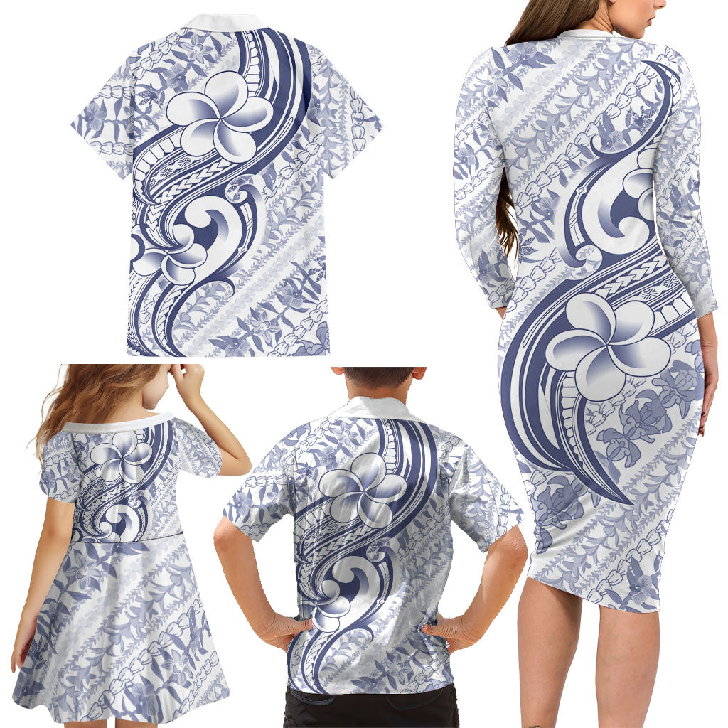 Hawaii Plumeria Lokelani Pikake Lei Family Matching Long Sleeve Bodycon Dress and Hawaiian Shirt Navy Blue Polynesian Tattoo