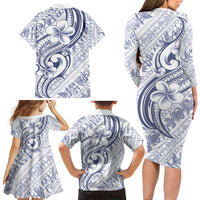 Hawaii Plumeria Lokelani Pikake Lei Family Matching Long Sleeve Bodycon Dress and Hawaiian Shirt Navy Blue Polynesian Tattoo
