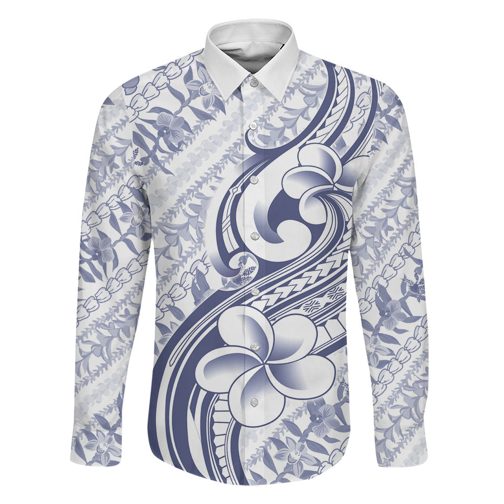 Hawaii Plumeria Lokelani Pikake Lei Family Matching Long Sleeve Bodycon Dress and Hawaiian Shirt Navy Blue Polynesian Tattoo