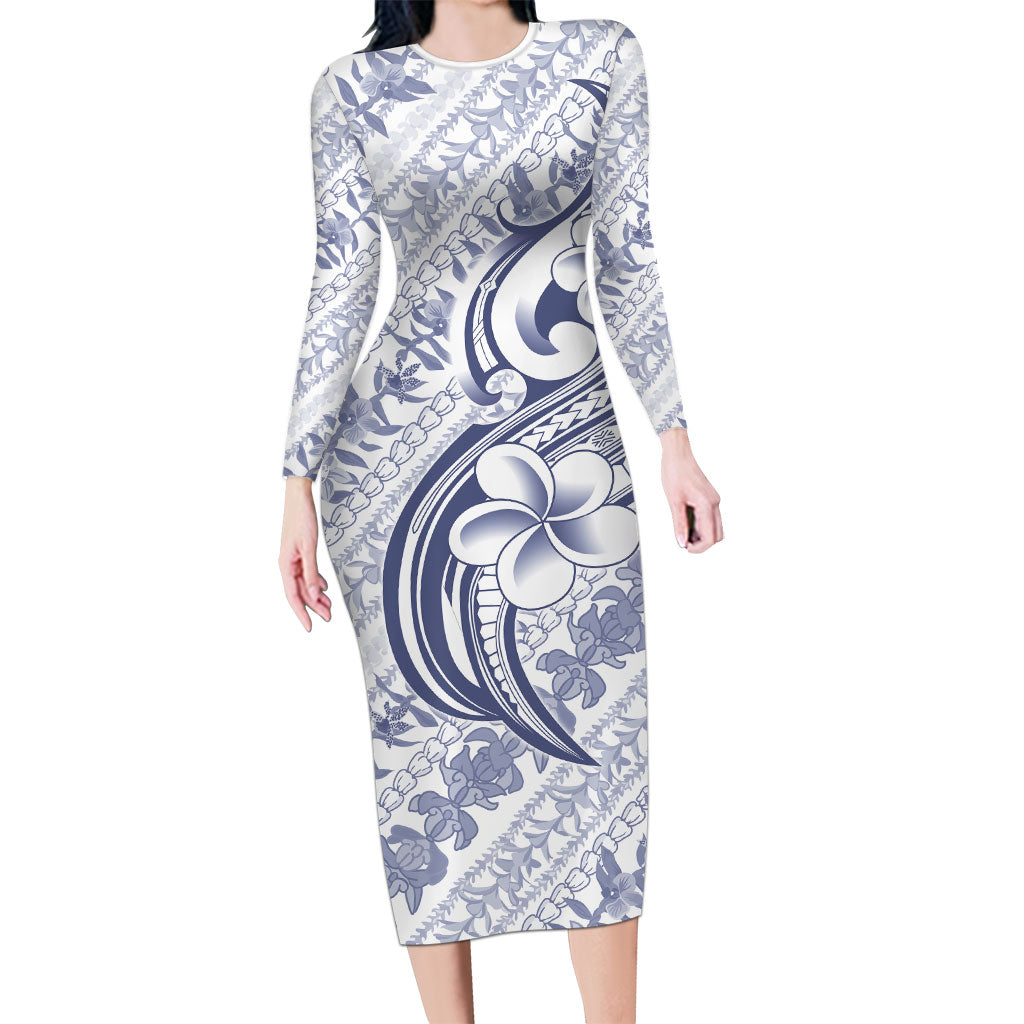 Hawaii Plumeria Lokelani Pikake Lei Family Matching Long Sleeve Bodycon Dress and Hawaiian Shirt Navy Blue Polynesian Tattoo