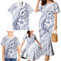 Hawaii Plumeria Lokelani Pikake Lei Family Matching Mermaid Dress and Hawaiian Shirt Navy Blue Polynesian Tattoo