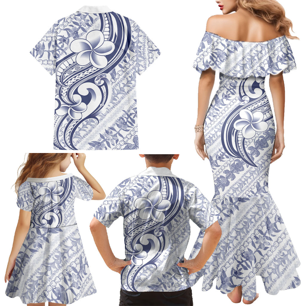 Hawaii Plumeria Lokelani Pikake Lei Family Matching Mermaid Dress and Hawaiian Shirt Navy Blue Polynesian Tattoo