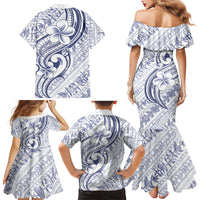 Hawaii Plumeria Lokelani Pikake Lei Family Matching Mermaid Dress and Hawaiian Shirt Navy Blue Polynesian Tattoo