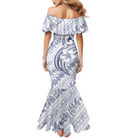 Hawaii Plumeria Lokelani Pikake Lei Family Matching Mermaid Dress and Hawaiian Shirt Navy Blue Polynesian Tattoo