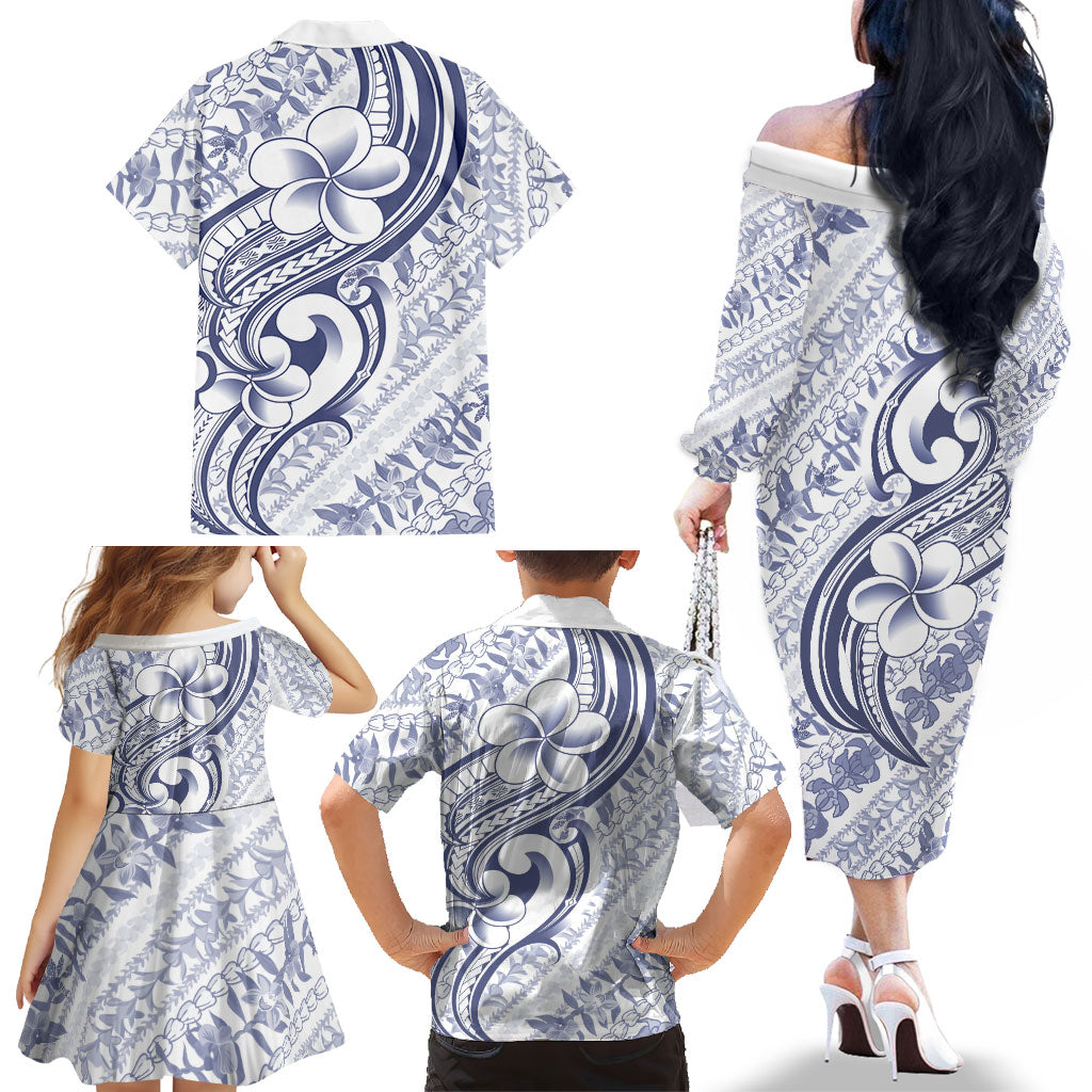 Hawaii Plumeria Lokelani Pikake Lei Family Matching Off The Shoulder Long Sleeve Dress and Hawaiian Shirt Navy Blue Polynesian Tattoo