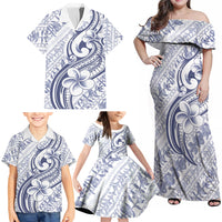 Hawaii Plumeria Lokelani Pikake Lei Family Matching Off Shoulder Maxi Dress and Hawaiian Shirt Navy Blue Polynesian Tattoo