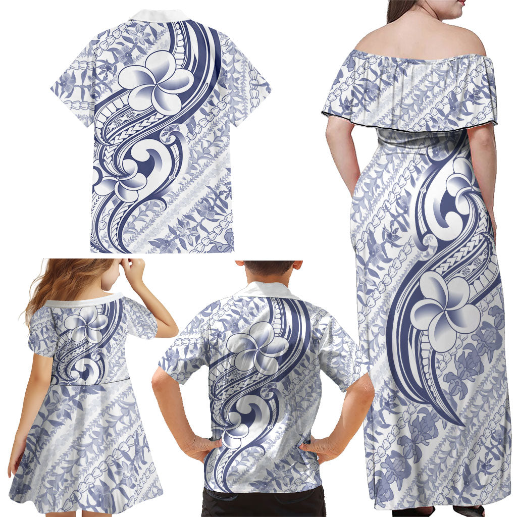 Hawaii Plumeria Lokelani Pikake Lei Family Matching Off Shoulder Maxi Dress and Hawaiian Shirt Navy Blue Polynesian Tattoo