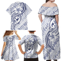 Hawaii Plumeria Lokelani Pikake Lei Family Matching Off Shoulder Maxi Dress and Hawaiian Shirt Navy Blue Polynesian Tattoo