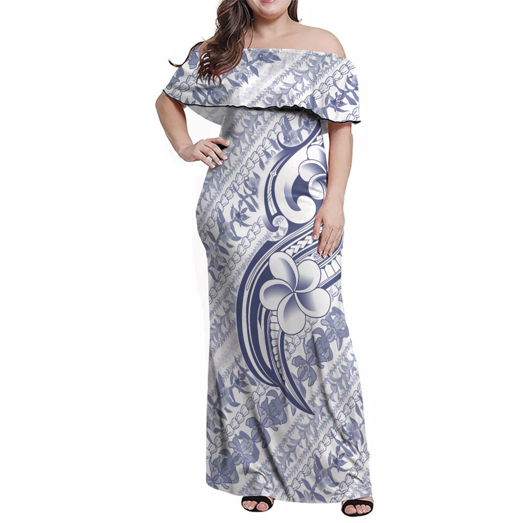 Hawaii Plumeria Lokelani Pikake Lei Family Matching Off Shoulder Maxi Dress and Hawaiian Shirt Navy Blue Polynesian Tattoo