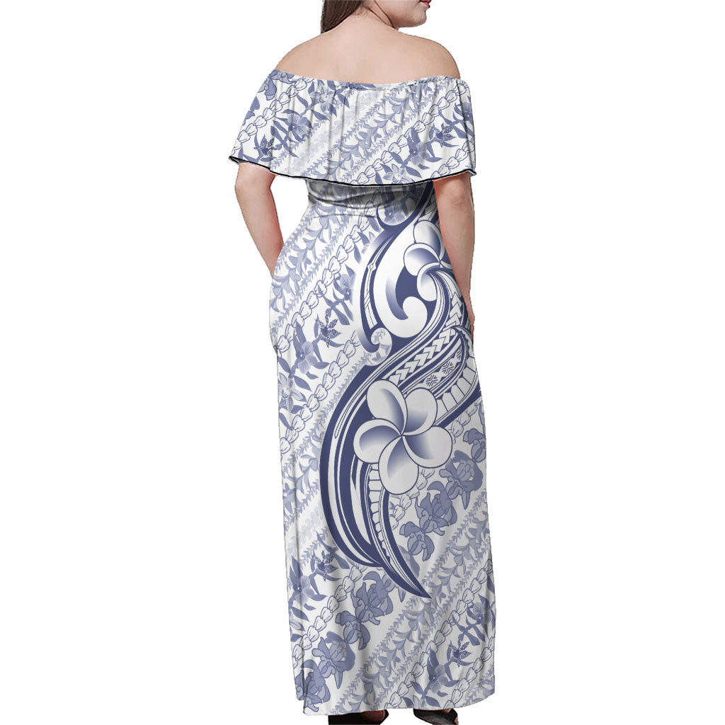 Hawaii Plumeria Lokelani Pikake Lei Family Matching Off Shoulder Maxi Dress and Hawaiian Shirt Navy Blue Polynesian Tattoo