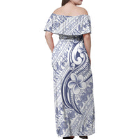 Hawaii Plumeria Lokelani Pikake Lei Family Matching Off Shoulder Maxi Dress and Hawaiian Shirt Navy Blue Polynesian Tattoo