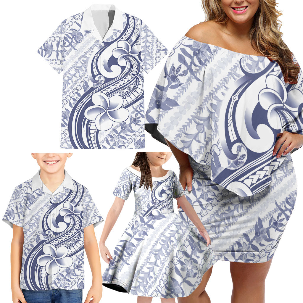 Hawaii Plumeria Lokelani Pikake Lei Family Matching Off Shoulder Short Dress and Hawaiian Shirt Navy Blue Polynesian Tattoo