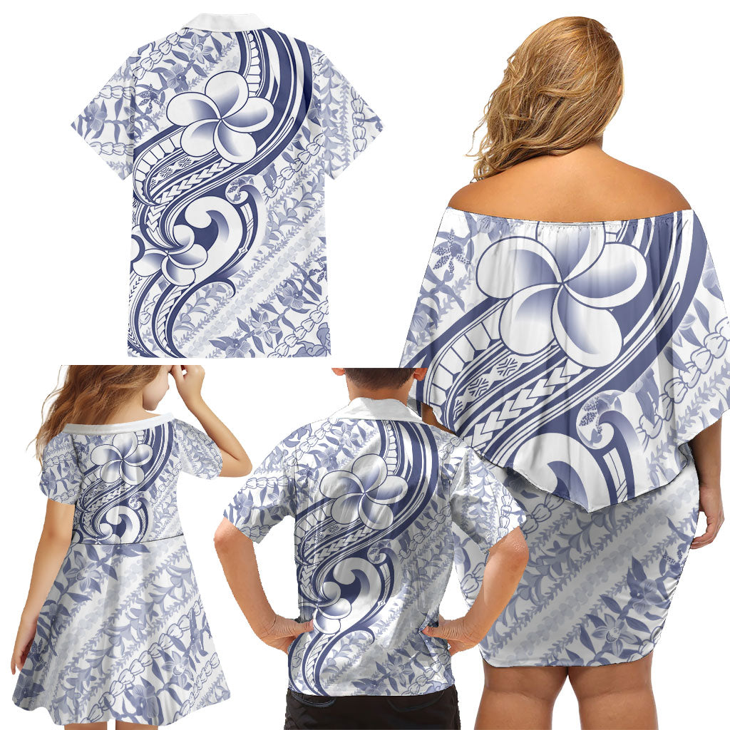 Hawaii Plumeria Lokelani Pikake Lei Family Matching Off Shoulder Short Dress and Hawaiian Shirt Navy Blue Polynesian Tattoo