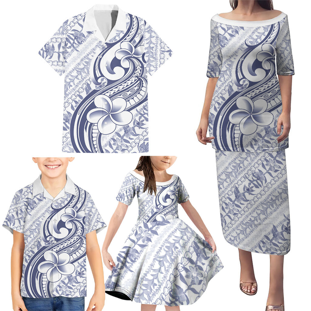 Hawaii Plumeria Lokelani Pikake Lei Family Matching Puletasi and Hawaiian Shirt Navy Blue Polynesian Tattoo