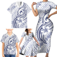 Hawaii Plumeria Lokelani Pikake Lei Family Matching Short Sleeve Bodycon Dress and Hawaiian Shirt Navy Blue Polynesian Tattoo