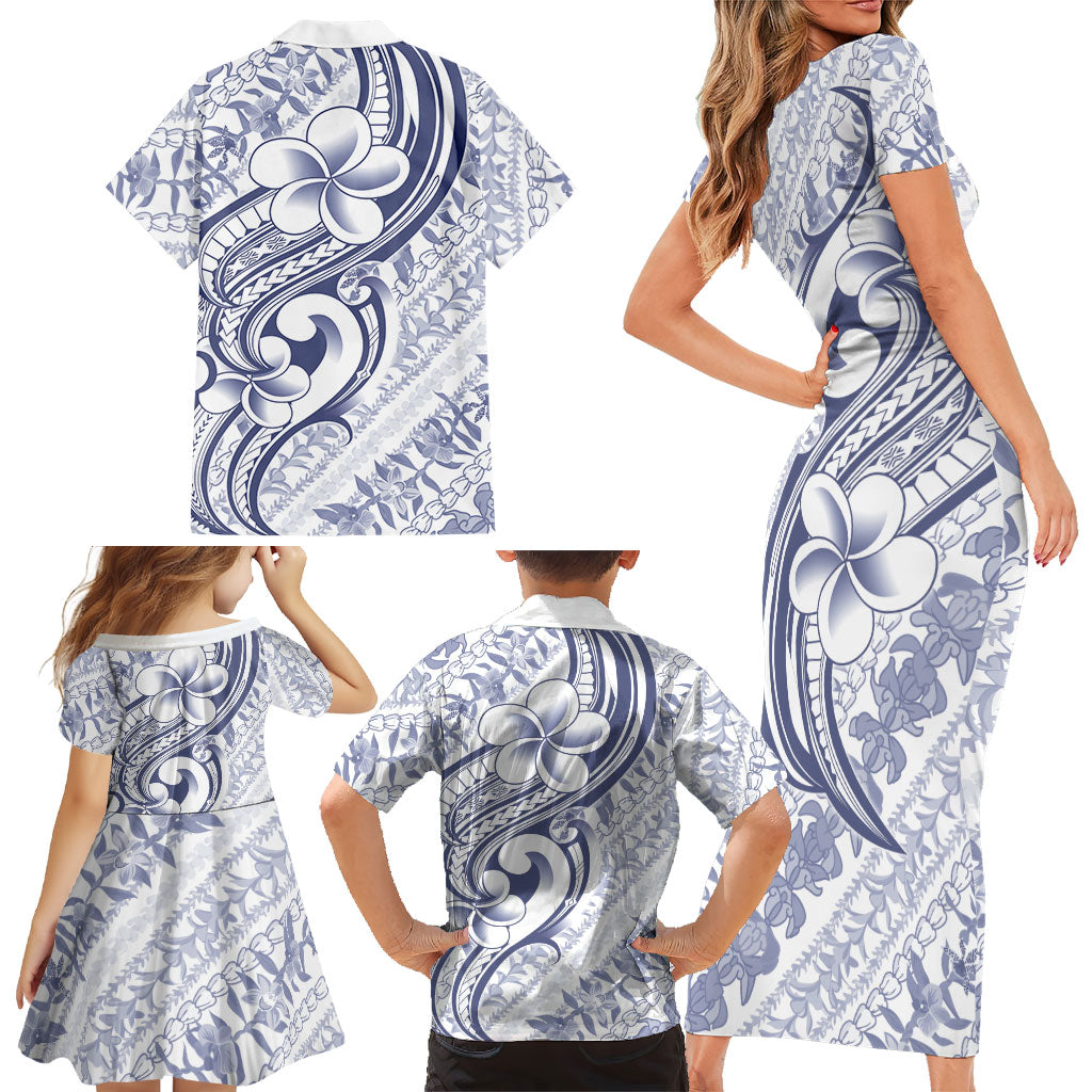 Hawaii Plumeria Lokelani Pikake Lei Family Matching Short Sleeve Bodycon Dress and Hawaiian Shirt Navy Blue Polynesian Tattoo