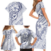 Hawaii Plumeria Lokelani Pikake Lei Family Matching Short Sleeve Bodycon Dress and Hawaiian Shirt Navy Blue Polynesian Tattoo