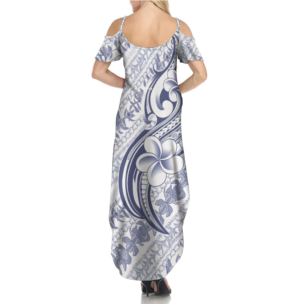 Hawaii Plumeria Lokelani Pikake Lei Family Matching Summer Maxi Dress and Hawaiian Shirt Navy Blue Polynesian Tattoo
