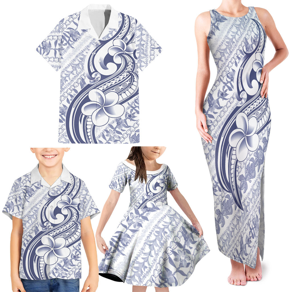 Hawaii Plumeria Lokelani Pikake Lei Family Matching Tank Maxi Dress and Hawaiian Shirt Navy Blue Polynesian Tattoo