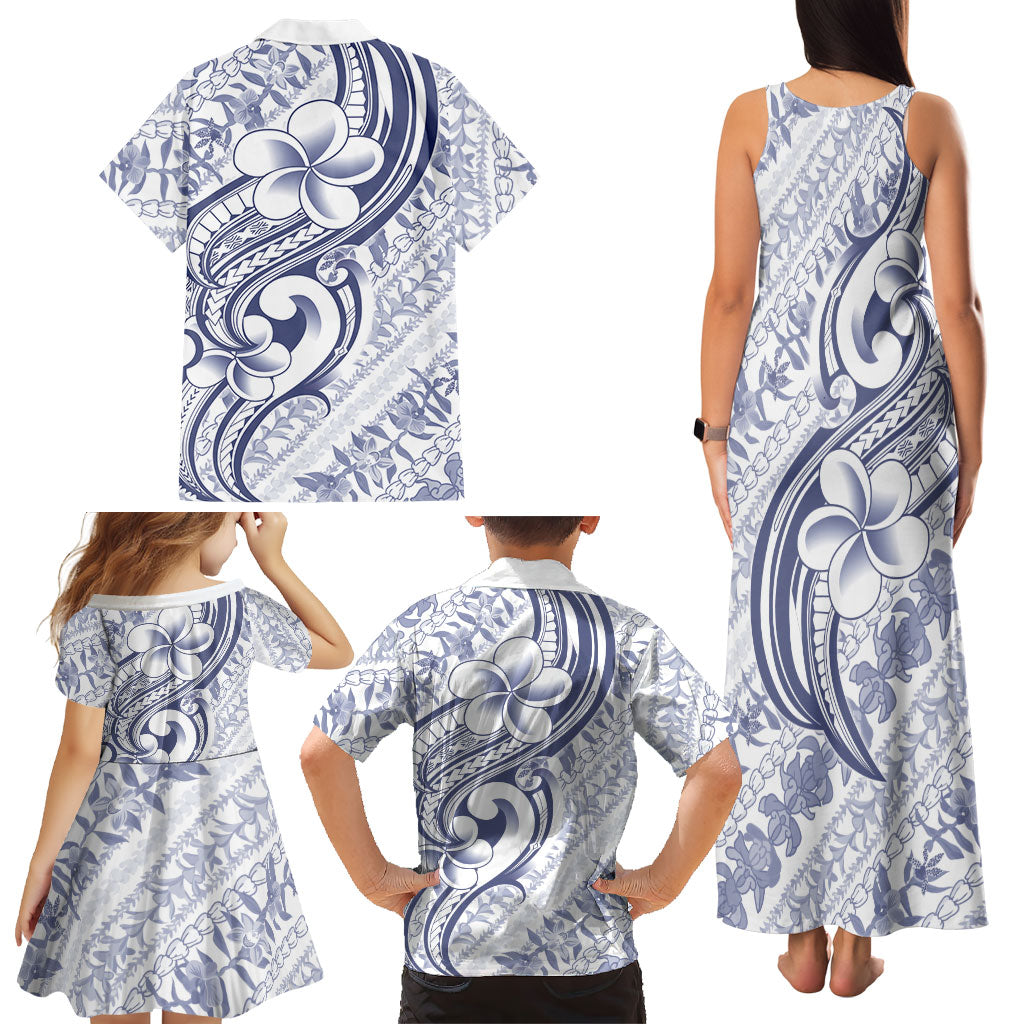 Hawaii Plumeria Lokelani Pikake Lei Family Matching Tank Maxi Dress and Hawaiian Shirt Navy Blue Polynesian Tattoo