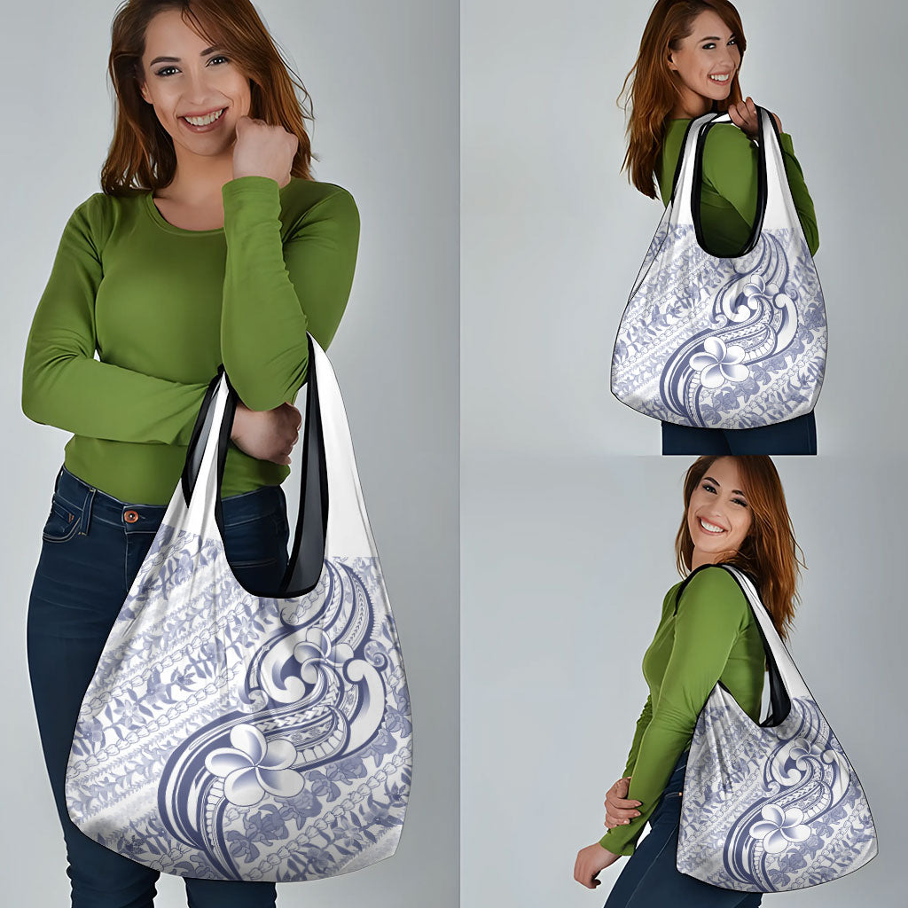 Hawaii Plumeria Lokelani Pikake Lei Grocery Bag Navy Blue Polynesian Tattoo