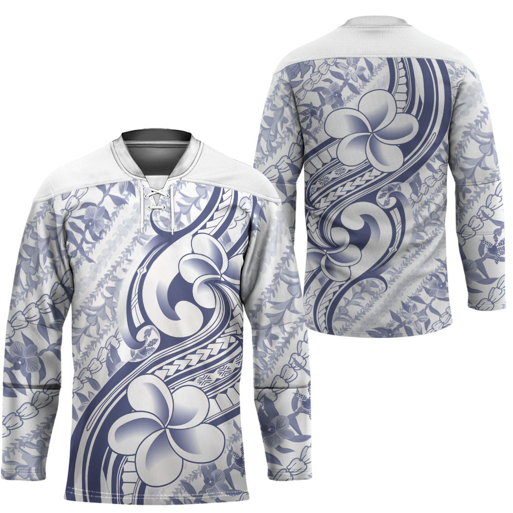 Hawaii Plumeria Lokelani Pikake Lei Hockey Jersey Navy Blue Polynesian Tattoo