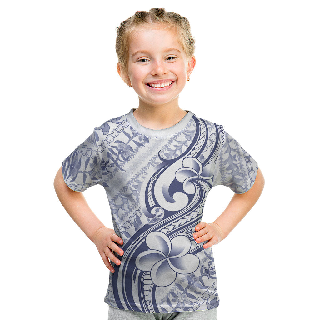 Hawaii Plumeria Lokelani Pikake Lei Kid T Shirt Navy Blue Polynesian Tattoo