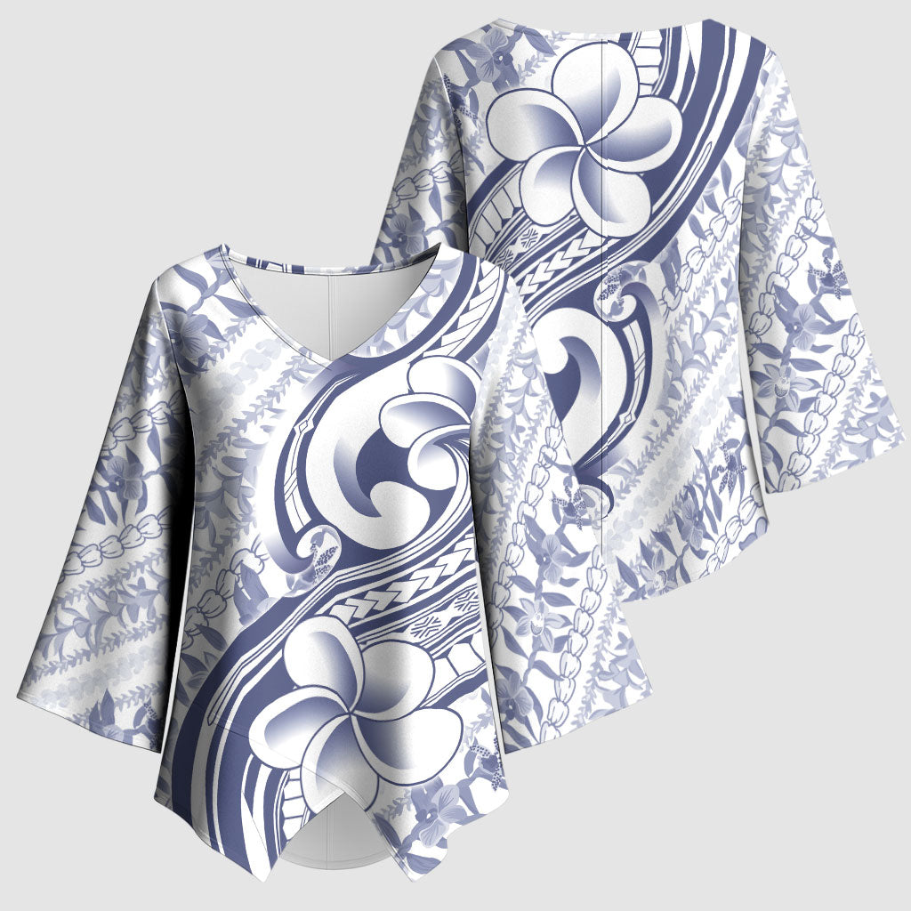 Hawaii Plumeria Lokelani Pikake Lei Kimono Sleeve Blouse Navy Blue Polynesian Tattoo