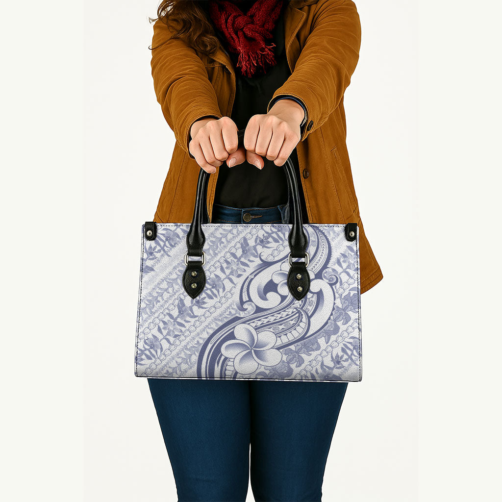 Hawaii Plumeria Lokelani Pikake Lei Leather Bag Navy Blue Polynesian Tattoo