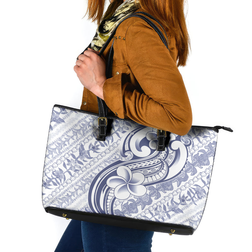 Hawaii Plumeria Lokelani Pikake Lei Leather Tote Bag Navy Blue Polynesian Tattoo