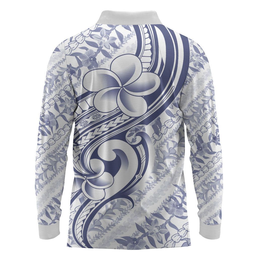 Hawaii Plumeria Lokelani Pikake Lei Long Sleeve Polo Shirt Navy Blue Polynesian Tattoo
