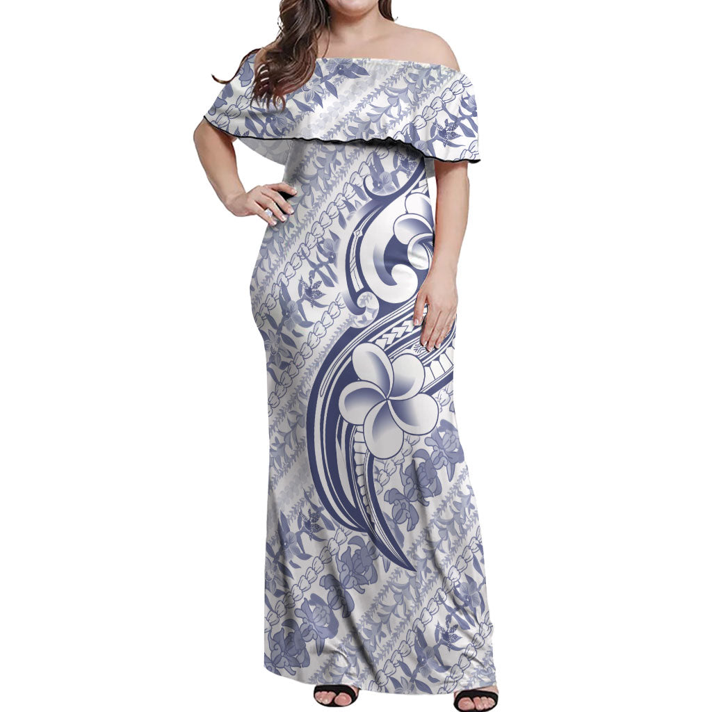 Hawaii Plumeria Lokelani Pikake Lei Off Shoulder Maxi Dress Navy Blue Polynesian Tattoo LT9 Women Navy Blue - Polynesian Pride