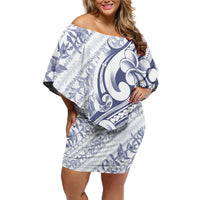Hawaii Plumeria Lokelani Pikake Lei Off Shoulder Short Dress Navy Blue Polynesian Tattoo
