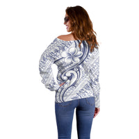 Hawaii Plumeria Lokelani Pikake Lei Off Shoulder Sweater Navy Blue Polynesian Tattoo