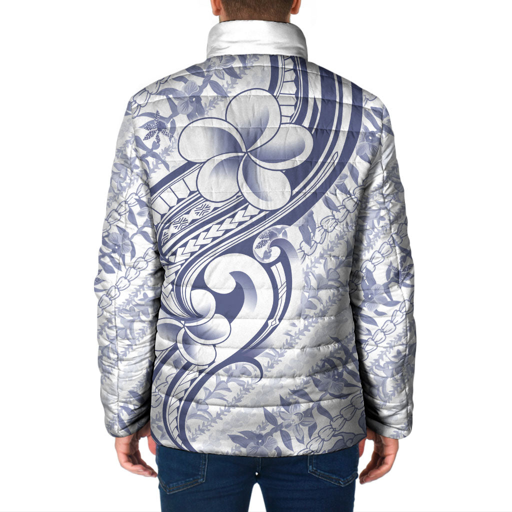 Hawaii Plumeria Lokelani Pikake Lei Padded Jacket Navy Blue Polynesian Tattoo